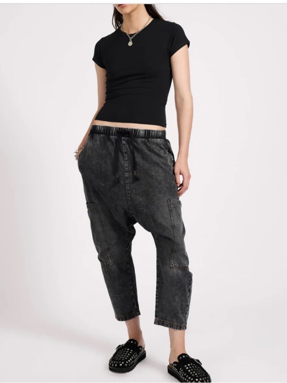 One Teaspoon Isla Low Waist Drawstring Harem Denim Jeans - Charcoal Black Large